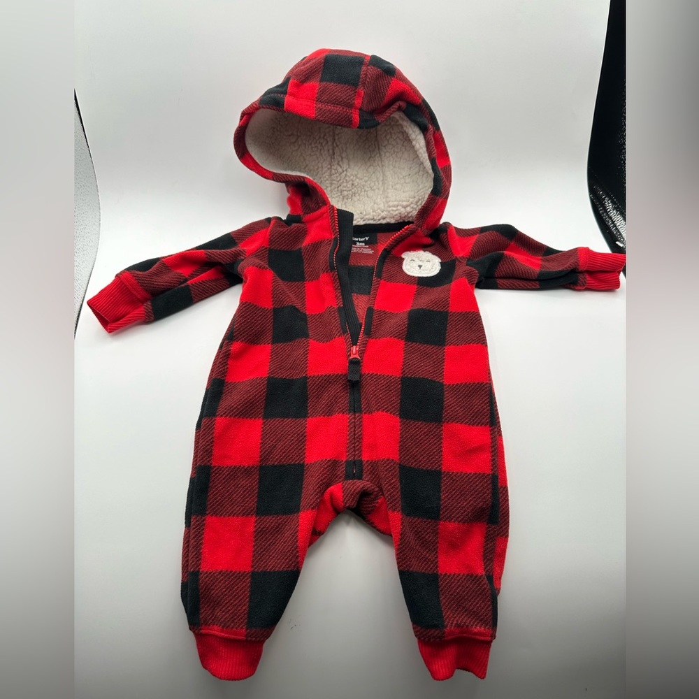 Carter's Red Buffalo Check Plaid Full Zip Long Sleeve One-Piece Size 0-3M